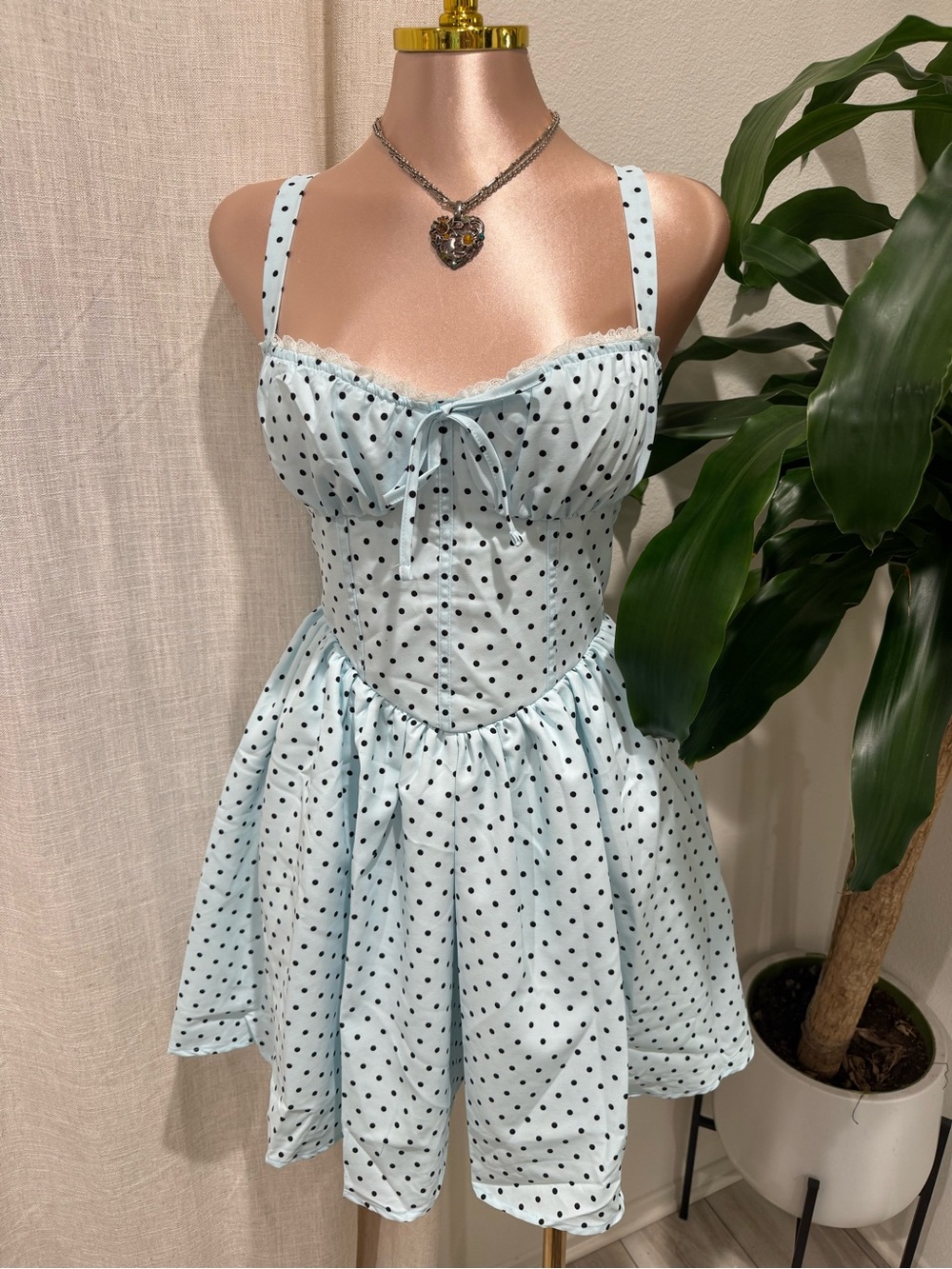 Polka Dot Fit-and-Flare Mini Dress in Light Blue